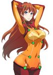  arms_up blue_eyes blush bodysuit breasts hair_ornament isao long_hair looking_at_viewer medium_breasts multicolored multicolored_bodysuit multicolored_clothes neon_genesis_evangelion orange_bodysuit orange_hair plugsuit rebuild_of_evangelion red_bodysuit shikinami_asuka_langley shiny shiny_clothes solo souryuu_asuka_langley standing test_plugsuit 