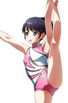  barefoot black_eyes black_hair eyebrows_visible_through_hair feet gymnast_leotard gymnastics half-soles highres leg_up leotard matsunaga_kouyou original pink_leotard ponytail rhythmic_gymnastics short_hair solo split standing standing_on_one_leg standing_split white_leotard 