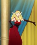  1girl arched_back blonde_hair breasts curly_hair dress elbow_gloves female gloves lipstick long_ears long_gloves makeup narcissist open_mouth purple_eyes red_dress sofia sofia_(space_dandy) solo space_dandy standing tiara 