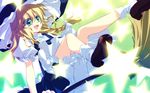  blonde_hair braid broom green_eyes hat highres kirisame_marisa motomiya_mitsuki non-web_source solo touhou wallpaper witch_hat 