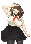  bird_hair_ornament breasts brown_eyes brown_hair commentary_request gatchaman_crowds hair_ornament high-waist_skirt ichinose_hajime large_breasts looking_at_viewer nishiumi_rin open_mouth panties pantyhose pantyshot pantyshot_(standing) school_uniform shirt skirt smile solo standing taut_clothes taut_shirt underwear v white_panties 