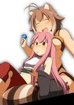  ^_^ animal_ears black_legwear blazblue blush breast_press breasts brown_hair candy closed_eyes food glasses handheld_game_console highres kokonoe lollipop long_hair makoto_nanaya medium_breasts midriff mirano mouth_hold multiple_girls open_mouth orange_eyes pince-nez pink_hair playstation_vita short_hair sitting small_breasts squirrel_ears squirrel_tail tail thighhighs underboob 