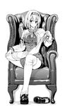  alice_margatroid armchair blush capelet chair full_body greyscale hairband loafers looking_at_viewer mokumokuren_(atariya_kyoushitsu) monochrome shoes shoes_removed short_hair single_shoe sitting solo thighhighs thighhighs_pull touhou 
