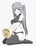  black_legwear black_panties blue_eyes caryo crop_top grey_background hair_ornament holding impossible_clothes impossible_shirt long_hair long_legs looking_at_viewer midriff miss_monochrome miss_monochrome_(character) nanashino navel panties ruu-chan shirt silver_hair simple_background sitting thighhighs turtleneck twintails underwear wariza 