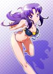  arms_behind_back bare_legs barefoot bikini breasts brooch cleavage happinesscharge_precure! hikawa_iona jewelry leaning_forward long_hair medium_breasts polka_dot polka_dot_background precure purple_background purple_eyes purple_hair ryuuta_(cure_ryuuta) smile solo standing standing_on_one_leg stretch swimsuit 