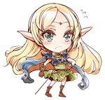  armor blonde_hair blue_eyes blush_stickers chibi circlet deedlit elf endou_okito flying_sweatdrops long_hair pauldrons pointy_ears record_of_lodoss_war simple_background solo sword weapon white_background 