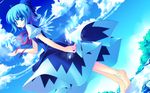  barefoot blue_eyes blue_hair cirno cloud day full_body highres motomiya_mitsuki non-web_source sky solo touhou wallpaper wings 