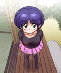  :o alternate_costume arms_behind_back blush brown_eyes bush casual from_above full_body lens_flare looking_at_viewer looking_up outdoors plant purple_hair ranma_1/2 shadow short_hair skirt sliding_doors solo tatami tendou_akane thighhighs wanta_(futoshi) 