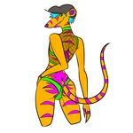  clothed clothing cyan_hair fur girly green_eyes hat looking_at_viewer looking_back male mammal marsupial orange_fur plain_background pose purple_fur skimpy skylar smile sterks thylacine white_background 