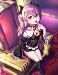  bad_id bad_pixiv_id bare_shoulders black_footwear black_hair blood blood_in_mouth boots chair detached_sleeves fangs hair_ornament highres hk_(hk) juliet_sleeves knee_boots krul_tepes long_sleeves looking_at_viewer owari_no_seraph pink_hair pointy_ears puffy_sleeves red_eyes sitting slit_pupils solo spilling thighs 