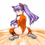  ass blush boots bow elbow_gloves ez6 from_behind gloves hair_bow highres hiiragi_kagami latex leotard long_hair looking_back lucky_star orange_gloves orange_legwear purple_eyes purple_hair red_leotard sitting solo thigh_boots thighhighs thong_leotard twintails wariza 