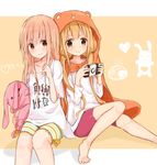  animal_costume barefoot bike_shorts blonde_hair brown_eyes clothes_writing cosplay costume_switch crossover doma_umaru doma_umaru_(cosplay) feet futaba_anzu futaba_anzu_(cosplay) game_console handheld_game_console highres himouto!_umaru-chan hood huwali_(dnwls3010) idolmaster idolmaster_cinderella_girls long_hair multiple_girls off_shoulder playstation_portable season_connection shirt smile striped striped_bike_shorts stuffed_animal stuffed_bunny stuffed_toy t-shirt toenails toes trait_connection twintails you_work_you_lose 
