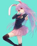  animal_ears black_legwear blazer bunny_ears green_background jacket kohaku. long_hair necktie pink_hair pointing red_eyes reisen_udongein_inaba skirt solo touhou 