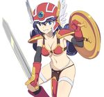  armor bikini_armor blue_eyes breasts caryo cleavage curly_hair dragon_quest dragon_quest_iii dual_wielding elbow_gloves gloves grin helmet holding loincloth long_hair medium_breasts midriff nanashino navel purple_hair red_armor red_eyes shield simple_background smile soldier_(dq3) solo sword thigh_strap underboob weapon white_background winged_helmet 