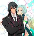  1girl aqua_eyes bare_shoulders black_hair blue_hair bracelet coat detached_sleeves dress gaius_(tales) gloves gradient gradient_background heart jewelry multicolored_hair muzet_(tales) necktie pointy_ears polka_dot_background red_eyes short_hair tales_of_(series) tales_of_xillia tales_of_xillia_2 very_long_hair wings 