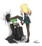  1boy 1girl arc_system_works blazblue blonde_hair broken_glasses chocolate chocolate_heart crack eyes_closed fedora fingerless_gloves glasses gloom_(expression) gloves green_hair hair_ribbon hat hazama heart high_heels long_hair pantyhose pink_hair quad_tails ribbon scared school_uniform short_hair simple_background suit sweat toscabear trench_coat trinity_glassfield valentine 