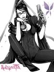  bayonetta bayonetta_(character) black_hair bodysuit catch22 cleavage_cutout glasses gun hair_bun heels high_heels long_hair mole ribbon shoes very_long_hair weapon yellow_eyes 