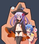  2girls ahoge animal_ears bat bikini blue_eyes blue_hair cape cat_ears cat_tail green_eyes halloween hat heart hiiragi_kagami izumi_konata jack-o'-lantern kittysuit long_hair lucky_star mel_(melty_pot) mole mole_under_eye multiple_girls navel pumpkin purple_hair swimsuit tail thighhighs tsurime twintails wand witch_hat yuri 