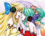  bad_id bad_pixiv_id blonde_hair blue_eyes bow butterfly_hair_ornament butterfly_wings cape celes_chere earrings elbow_gloves eye_contact face-to-face final_fantasy final_fantasy_vi gloves green_hair hair_ornament headband headphones jewelry karasumi_abi lips long_hair looking_at_another magnet_(vocaloid) multiple_girls necklace parody pink_bow ponytail ring tina_branford traditional_media vocaloid wings yuri 