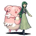  backpack bag blissey boots braid cropped_jacket egg full_body gen_2_pokemon green_eyes green_hair hair_between_eyes hair_over_shoulder long_hair long_skirt long_sleeves looking_at_viewer lowres meimaru_inuchiyo momi_(pokemon) outstretched_arms pokemon pokemon_(creature) simple_background single_braid skirt smile standing very_long_hair white_background 