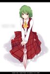  ascot asskiler bad_id bad_pixiv_id blush character_name closed_umbrella copyright_name dress flower green_hair hands highres kazami_yuuka letterboxed plaid plaid_skirt plaid_vest planted_umbrella red_eyes shirt short_hair skirt skirt_set smile solo touhou umbrella vest white_shirt 