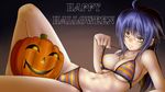  bikini bikini_pull blue_hair breasts brown_eyes cleavage halloween happy_halloween highres jack-o'-lantern large_breasts original osafune_kairi pulled_by_self pumpkin solo striped striped_bikini swimsuit 