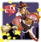  blonde_hair braid broom broom_riding cape gloves halloween hat jack-o'-lantern kirisame_marisa mary_janes pumpkin shoes short_hair sidesaddle solo touhou trick_or_treat witch_hat yellow_eyes yumemitsuki_(hagakure) 