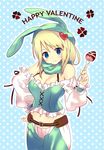  animal_ears arutopian blonde_hair blue_eyes bunny_ears corset food fruit hair_ornament hairpin happy_valentine heart heart_hair_ornament hood long_hair ragnarok_online ranger ranger_(ragnarok_online) scarf smile solo strawberry valentine 