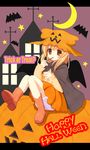  bloomers boots child copyright_request food halloween happy_halloween jack-o'-lantern orange_eyes orange_hair orange_skirt pocky pumpkin sakura_mikan_(chirizakura) skirt solo trick_or_treat typo underwear 