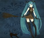  bat blue_background blue_eyes blue_hair boots broom cat cilq dress gloves halloween happy_halloween hatsune_miku long_hair solo thighhighs twintails very_long_hair vocaloid 