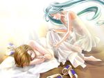  aqua_hair barefoot brown_hair closed_eyes covering_with_blanket dress hatsune_miku kneeling long_hair lying meiko multiple_girls on_side short_hair sleeping toyu twintails vocaloid white_dress 