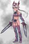  boots copyright_request dark_skin detached_sleeves dual_wielding grey_hair helm helmet holding midriff pointy_ears poporon red_eyes skull solo sword thigh_boots thighhighs weapon 