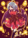  ahoge blue_eyes blue_hair bow cape cirno dress elbow_gloves fang gloves halloween happy_halloween kuko_(endless-repeat) short_hair solo touhou 