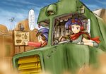  blue_hair bullet_hole chill cockpit desert food goggles hamburger head headset mecha mountain multiple_girls paricross rag_uralo scarf sentou_mecha_xabungle side_ponytail sky steering_wheel translated walker walker_gallia window 