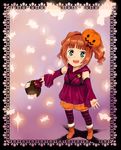  1girl amami_haruka brown_hair chibi costume green_eyes halloween himetsuba idolmaster idolmaster_(classic) jack-o'-lantern md5_mismatch nonowa pumpkin pumpkin_hat smile takatsuki_yayoi thighhighs trick_or_treat twintails 