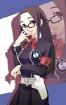  bangs belt brown_hair fushimi_chihiro glasses gun holster long_hair nyoro_(nyoronyoro000) persona persona_3 ribbon school_uniform solo weapon 