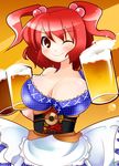  alcohol beer breasts cleavage hair_bobbles hair_ornament large_breasts one_eye_closed onozuka_komachi red_eyes red_hair short_hair solo takamoto_akisa touhou two_side_up 