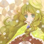  aqua_eyes bangs big_hair blonde_hair brooch brown_background cape closed_mouth curly_hair hat jewelry long_hair looking_at_viewer mini_hat mini_top_hat original rinka_(rinka0912) smile solo top_hat upper_body yellow_hat 