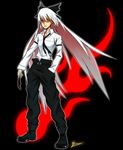  boots bow fujiwara_no_mokou hair_bow hands_in_pockets long_hair necktie pants red_eyes shirt silver_hair solo spell_card suginodai touhou white_shirt 