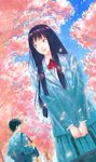  1girl absurdres bag black_hair cherry_blossoms diolemonde highres kazehaya_shouta kimi_ni_todoke kuronuma_sawako long_hair petals purple_eyes school_uniform skirt smile 