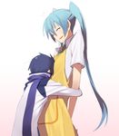  1girl age_difference aqua_hair blue_hair blue_scarf blush commentary_request hatsune_miku height_difference hug kaito kasuga_ayumu_(haruhipo) long_hair necktie scarf simple_background smile twintails vocaloid 