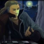  bastian blonde_hair board_game cape chess crossed_arms facial_hair fingerless_gloves fire_emblem fire_emblem:_souen_no_kiseki gloves goatee hanakago jewelry long_sleeves moon moonlight multiple_boys mustache night ring scarf volke 