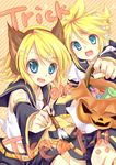  1girl brother_and_sister fang halloween kagamine_len kagamine_rin rai_(rai-s) siblings trick_or_treat twins vocaloid yellow_background 