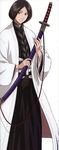  absurdres artist_request black_hair bleach blue_eyes braid front_braid front_ponytail highres japanese_clothes katana long_hair solo sword unohana_retsu weapon 