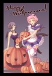  bad_id bad_pixiv_id bare_shoulders bow breasts cleavage corset garter_straps garters grey_background hair_bow halloween happy_halloween harupy high_heels horns jack-o'-lantern large_breasts multiple_girls original pink_eyes pink_hair pointy_ears pumpkin purple_hair shoes short_hair skirt small_breasts thighhighs wings yellow_eyes zettai_ryouiki 