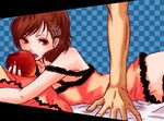  apple arm bad_id bad_pixiv_id bare_shoulders bed brown_eyes brown_hair camisole checkered female_protagonist_(persona_3) food frilled_pillow frills fruit hair_ornament hairclip lying midriff nail_polish persona persona_3 persona_3_portable pillow pink_nails romeo_to_cinderella_(vocaloid) short_hair solo_focus 