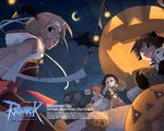  2girls bard_(ragnarok_online) bat_wings blacksmith_(ragnarok_online) deviling fake_halo ghost halloween halo head_wings hunter_(ragnarok_online) jack-o'-lantern monk_(ragnarok_online) moon multiple_boys multiple_girls pumpkin ragnarok_online wings 