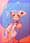  ahoge animal_ears artist_request bare_shoulders big_hair blue_hair blush cat_ears choker claws felicia fur hairband happy huge_ahoge lips long_hair navel paws red_eyes smile solo source_request vampire_(game) very_long_hair 