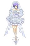  ankle_lace-up arms_behind_back bare_shoulders bow bridal_veil bride commentary cross-laced_footwear cross_edge dress frills full_body lilith_aensland nakamura_tatsunori official_art purple_hair red_eyes short_hair solo standing tiara vampire_(game) veil wedding_dress white_dress 