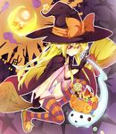  blonde_hair broom candy cape crescent_moon earrings food ghost gloves halloween hat highres ichi_makoto jack-o'-lantern jewelry long_hair moon original panties pointy_ears pumpkin red_eyes slippers solo striped striped_legwear striped_panties thighhighs underwear witch witch_hat 